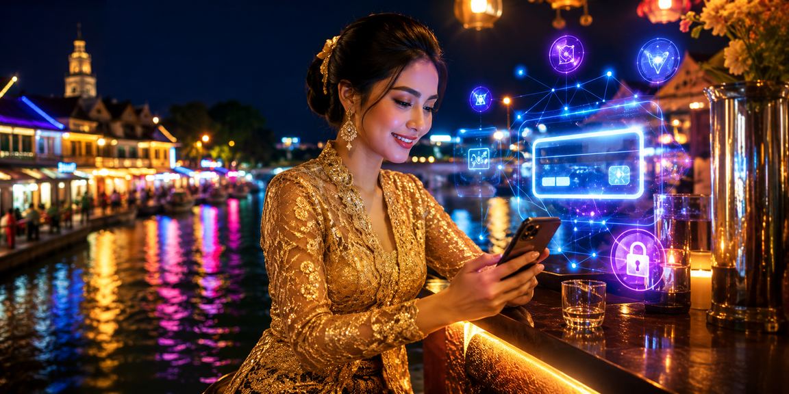 Pengguna wanita berbaju kebaya memainkan kasino mudah alih Melaka dengan gaya tempatan